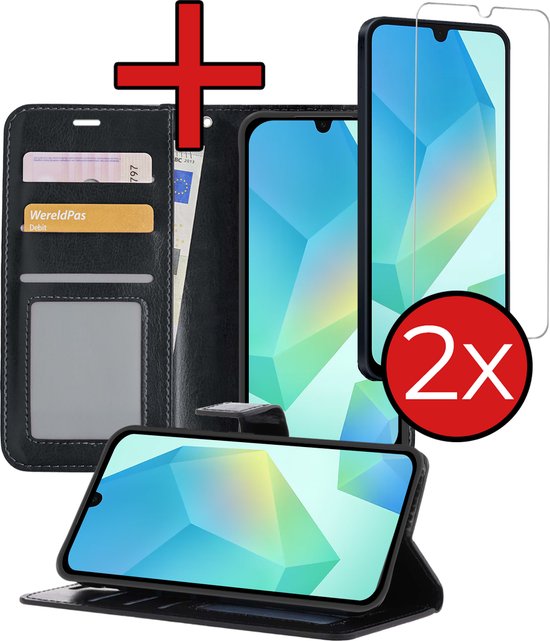 Étui pour Samsung A16 Case Book Case Cover Wallet Cover Wallet Case avec 2 films de protection d'écran - Étui pour Samsung Galaxy A16 Cover Bookcase Case - Zwart