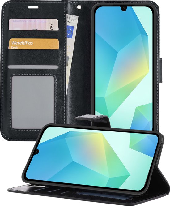 Samsung Galaxy A16 bookcase hoesje zwart, walletcase met pasjeshouder, polsbandje, standfunctie, kunstleer bescherming