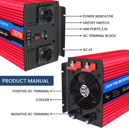 NOVOPAL Convertisseur Pur Sinus 1500W-DC 12V à AC 220V/230V Onduleur-2 Prise EU de Courant Alternatif et 1 Port USB-télécommande avec INCL. 5 mètres-Puissance de Pointe 3000W transformateur de tension