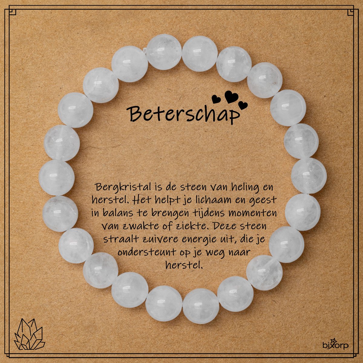 Bixorp Bergkristal Armband op Cadeau Kaartje - Beterschap - 8mm / 18cm Edelsteen Kralenarmband - Inclusief Cadeau Envelop