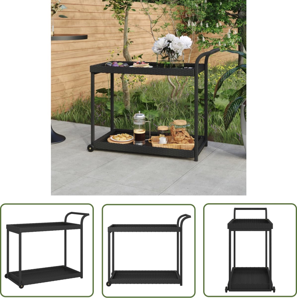 The Living Store Servicewagen - poly rattan - gepoedercoat staal - 100x45x83cm - zwart