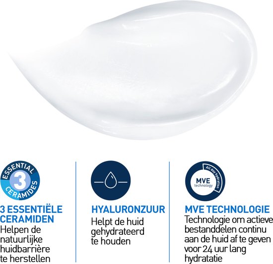 Een witte, gladde crème gestreken, met daaronder iconen voor "3 ESSENTIËLE CERAMIDEN", "HYALURONZUUR" en "MVE TECHNOLOGIE".
