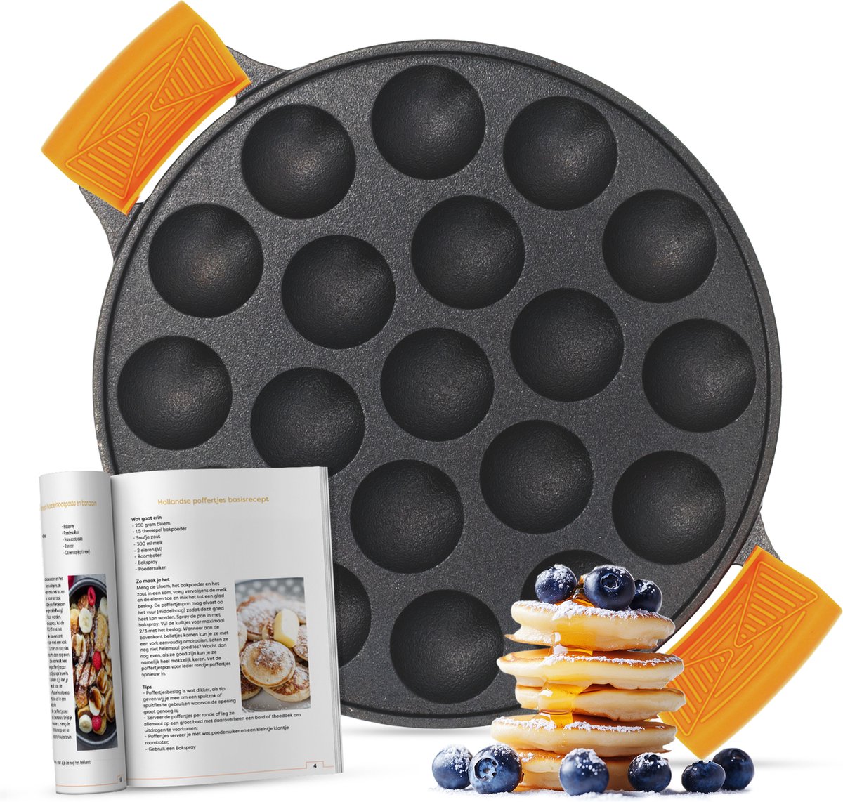 Bol.com Ocina Poffertjespan 19 Poffertjes - Poffertjesmaker Inductie - Poffertjesplaat - Incl. Hitte Bestendige Wanten - Gietijz... aanbieding