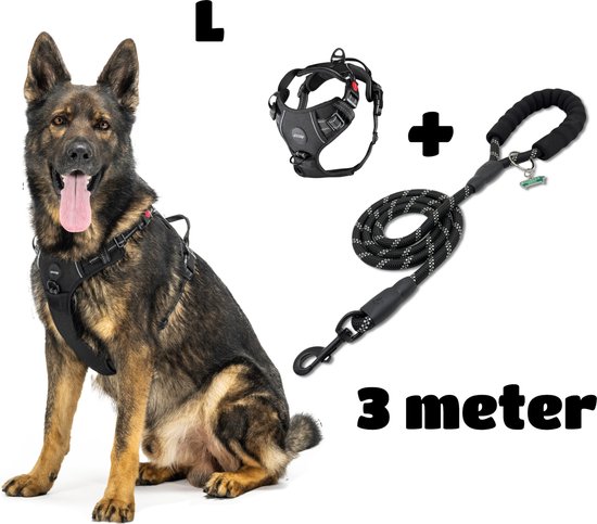 Mister Mill Voordeel Set: Hondentuig L plus Riem 3 Meter - Hondentuigje 3x Klikgesp - Zwart - Reflecterend - Hondenriem - Honden Riem - Hondenlijn - Honden Lijn - Anti-Trek Tuig Hondenharnas - Y Tuig Hond