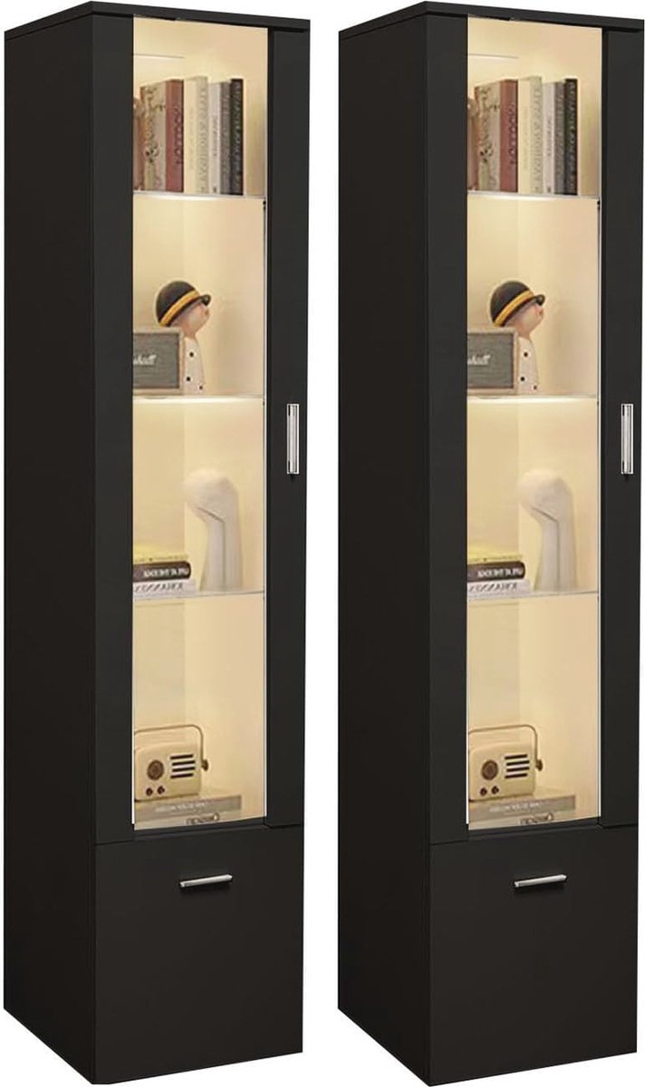 Set van 2 LED Vitrines met Deuren en Glazen Planken - Kastverlichting voor Woonkamer en Ka