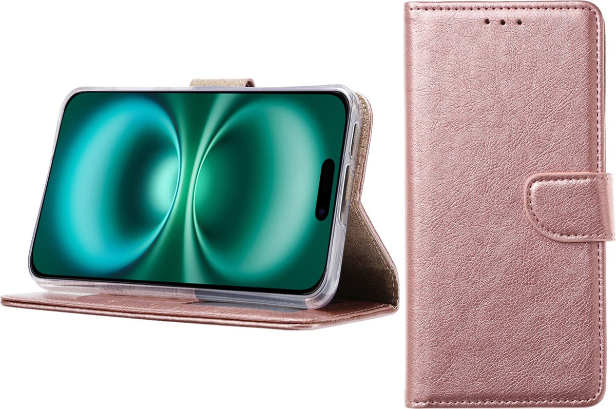 BixB Hoesje Geschikt voor iPhone 16 – portemonnee bookcase met pasjeshouder - Rosegoud