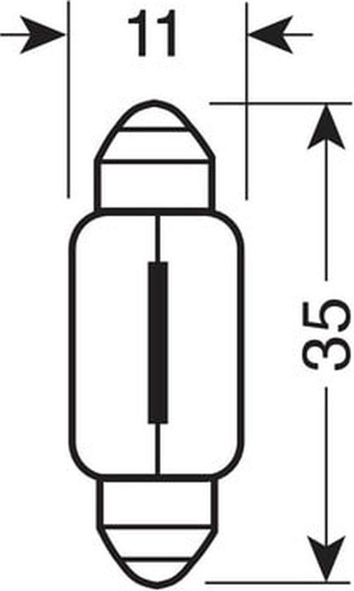 Technische tekening van een lamp met afmetingen: 11mm breed en 35mm lang.