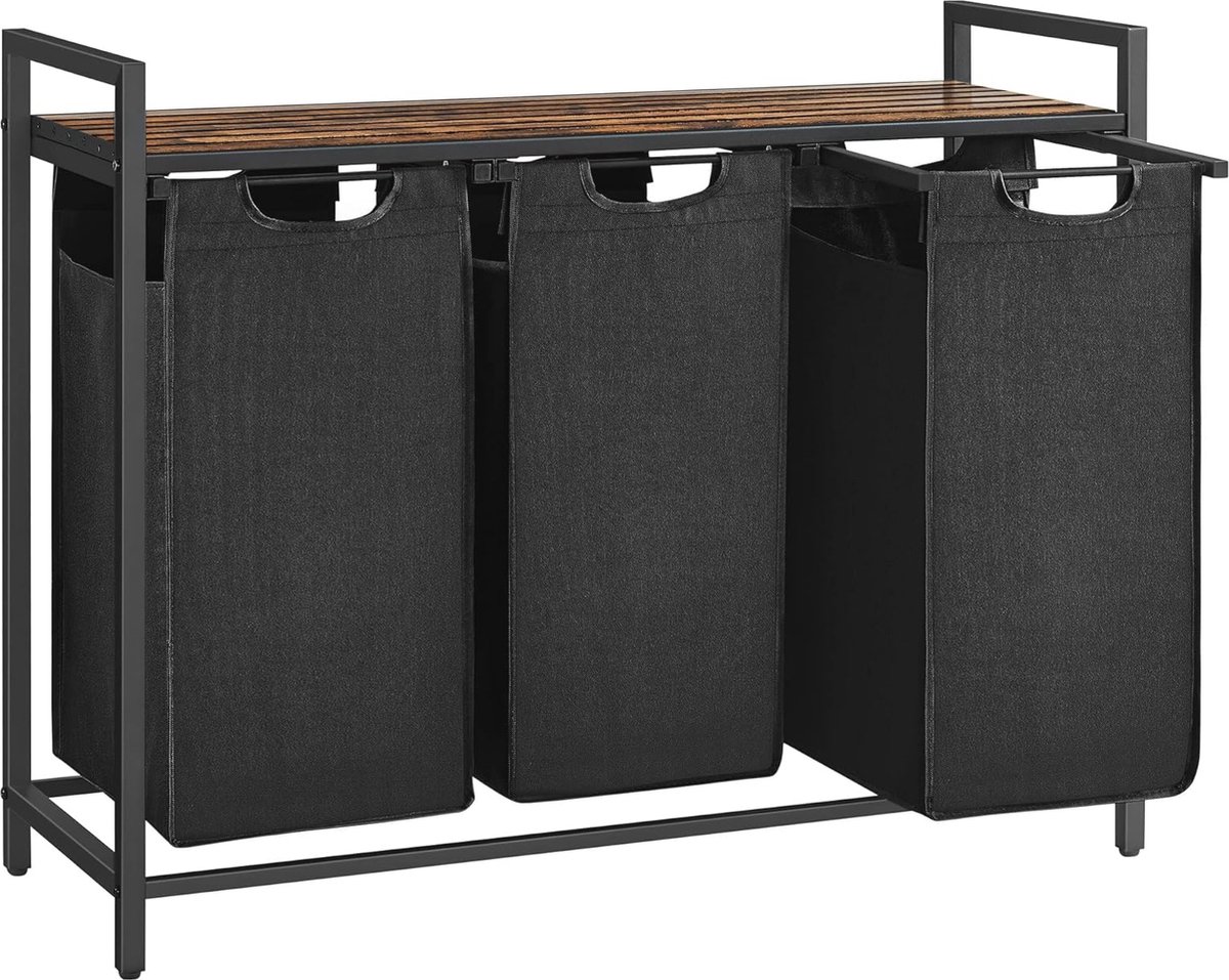 Goedkoopste Wasmand met 3 vakken en plank - Vintage bruin-zwart, 114L, Uitschuifbare waszakken