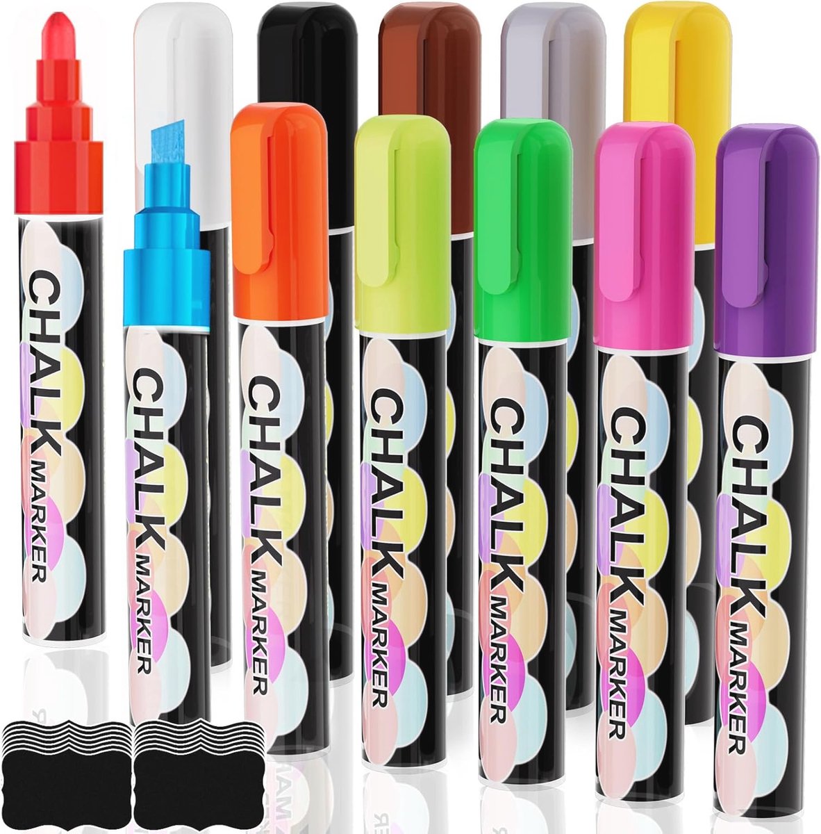 Krijtstiften Set met 12 Kleuren en Krijtbordlabels - Afwasbare en Uitschrijfbare 6mm Krijtmarkers voor Feestjes, School en Creatief Gebruik