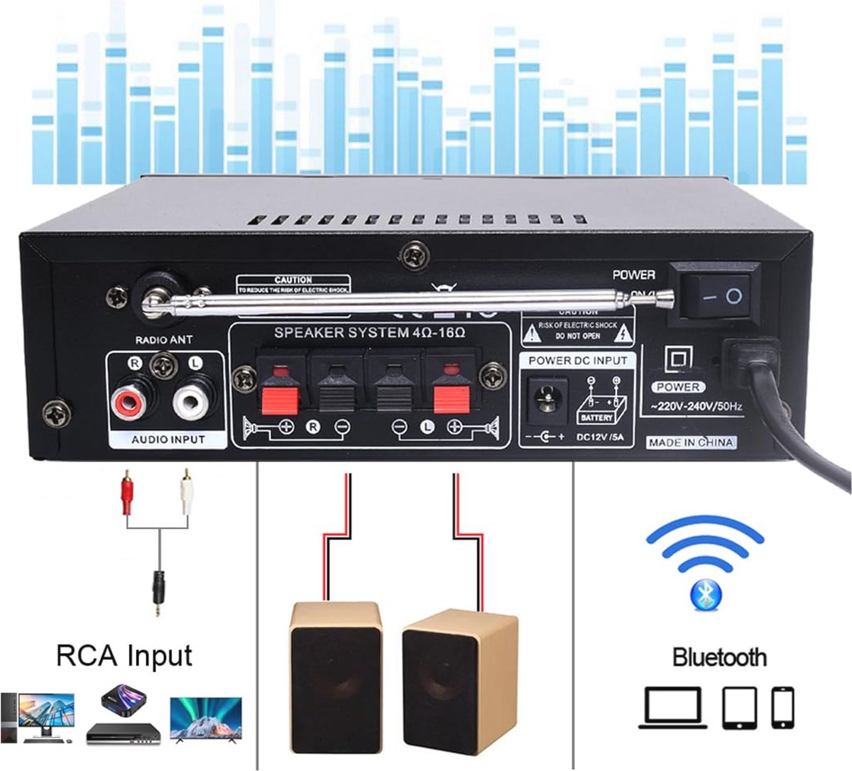 Pro Audioversterker 800 W | HiFi Versterker met Bluetooth 5.0 en FM-radio | Draagbaar en Compact thumbnail 3