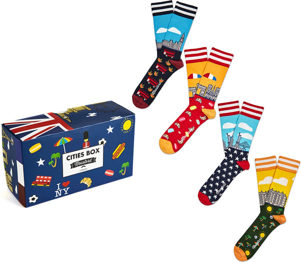 Moustard grappige sokken giftbox cities unisex