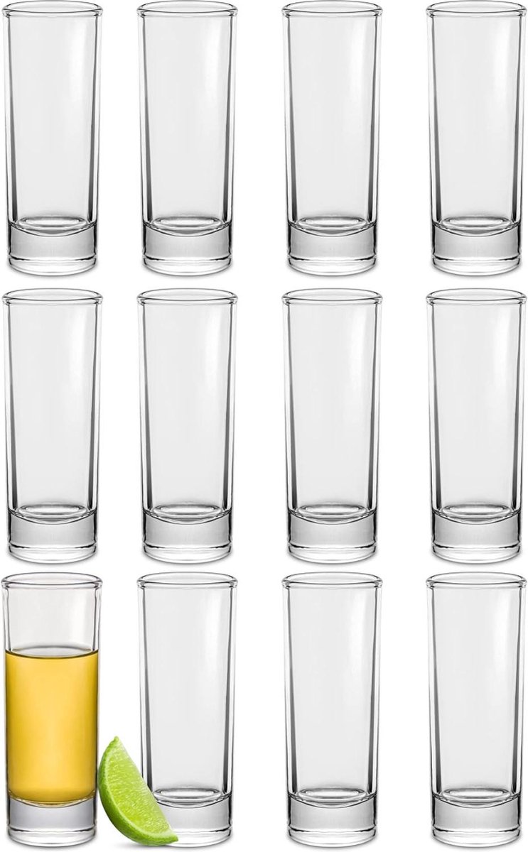 Shotglazen hoog in glas 5cl - Vaatwasmachinebestendig - Stabiel dankzij dikke bodem - Shotglazen voor elk feest - Set van 12 shotglazen shotglaasjes plastic wegwerp