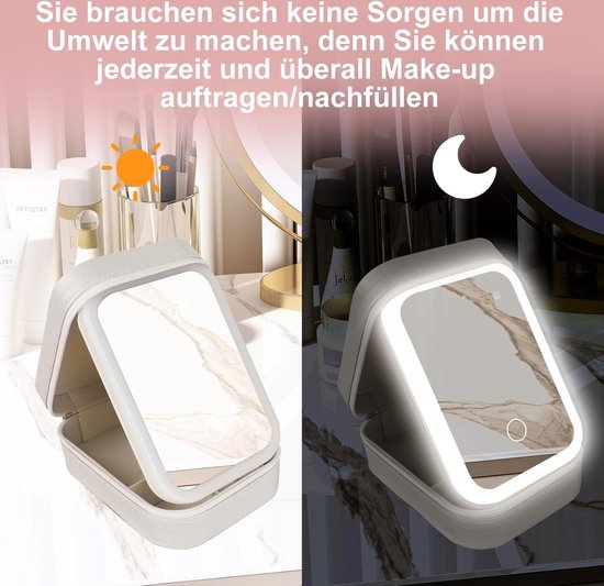Geïntegreerde make-up opbergdoos met lichtvullende spiegel en reismogelijkheden Geïntegreerde make-up opbergdoos met lichtvullende spiegel en reismogelijkheden