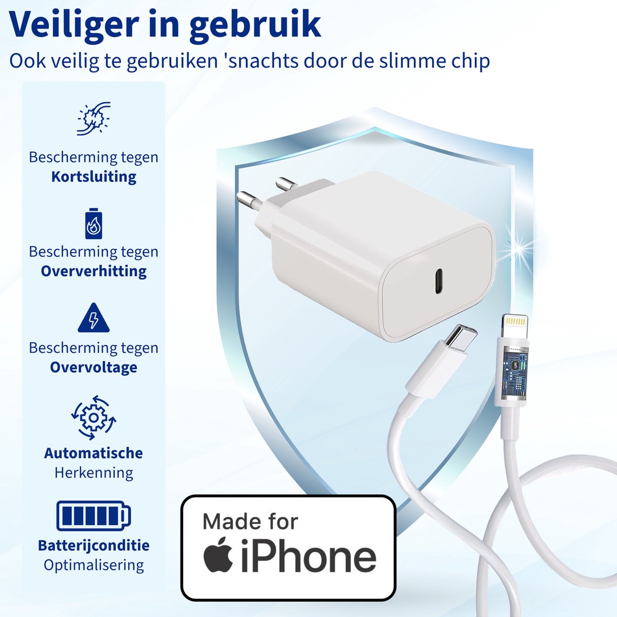 USB-C Power Adapter 20W + MFI Gecertificeerde USB-C naar Lightning Kabel 1m voor iPhone, iPad, AirPods - Afbeelding 2