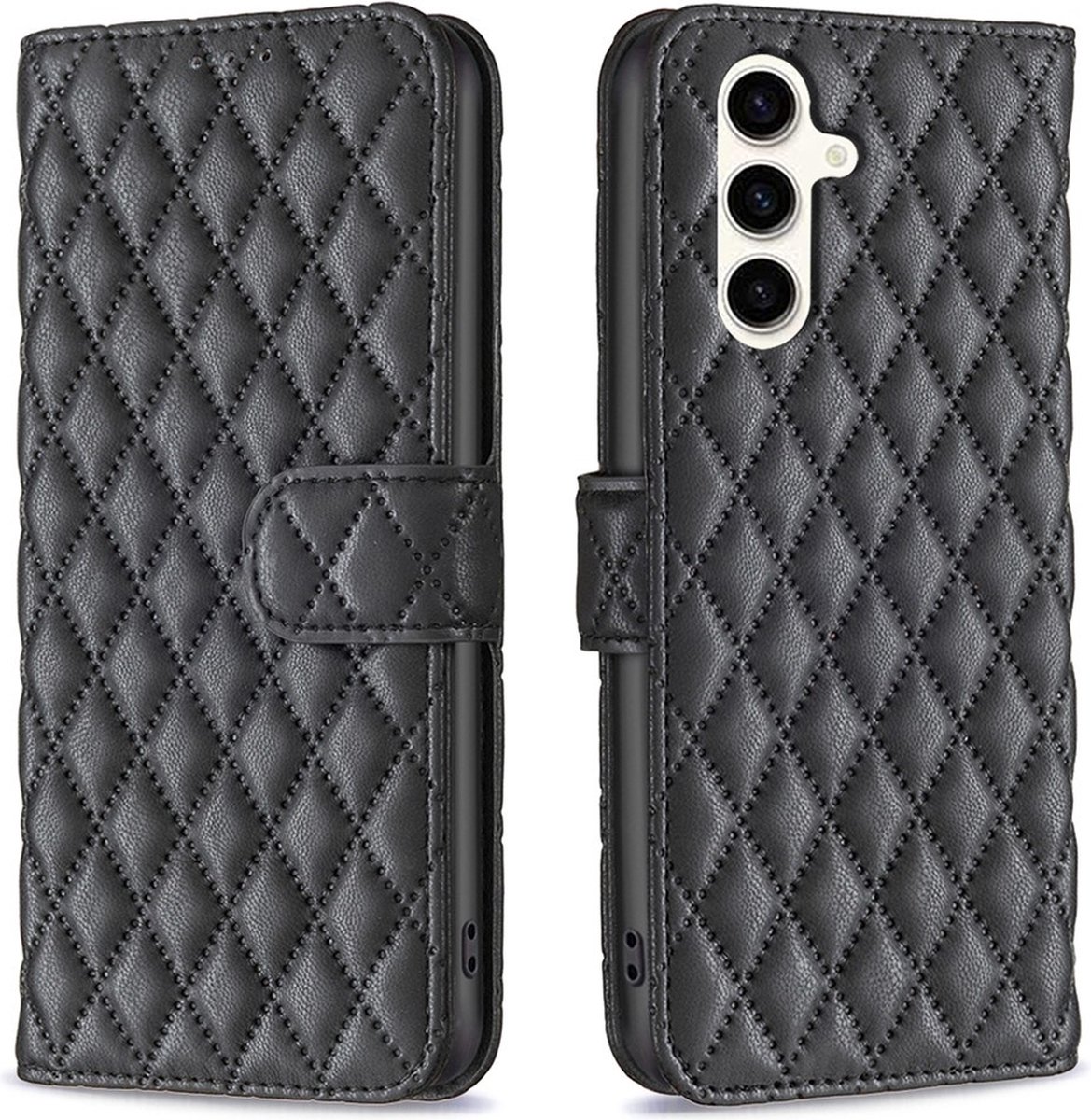 BINFEN Hoesje - Geschikt voor Samsung Galaxy S24 FE Hoesje - BINFEN Rhombus Book Case - Zwart