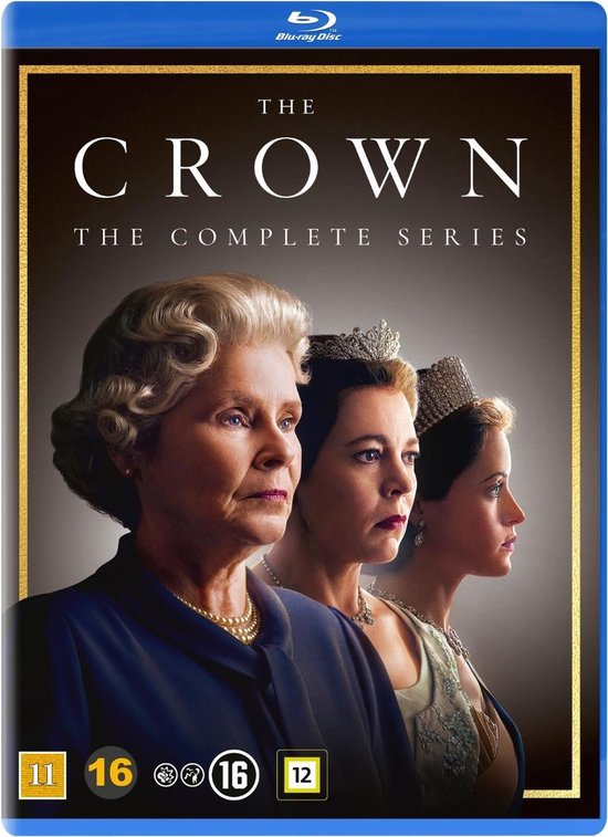 Titel 'The Crown The Complete Series' met portretten van drie vrouwen in koninklijke kledij, met titels en leeftijdsclassificaties.