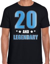 20 and legendary verjaardag cadeau t-shirt / shirt - zwart met blauwe en witte letters - voor heren - 20ste verjaardag kado shirt / outfit L