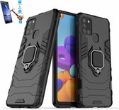 Samsung Galaxy A21s Robuust Kickstand Shockproof Zwart Cover Case Hoesje - 1 x Tempered Glass Screenprotector ATBL