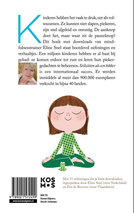 Boekcover achterkant met meisje dat in meditatiehouding zit. Tekst in het Nederlands en een profielfoto. Titel: Stilzitten als een kikker.