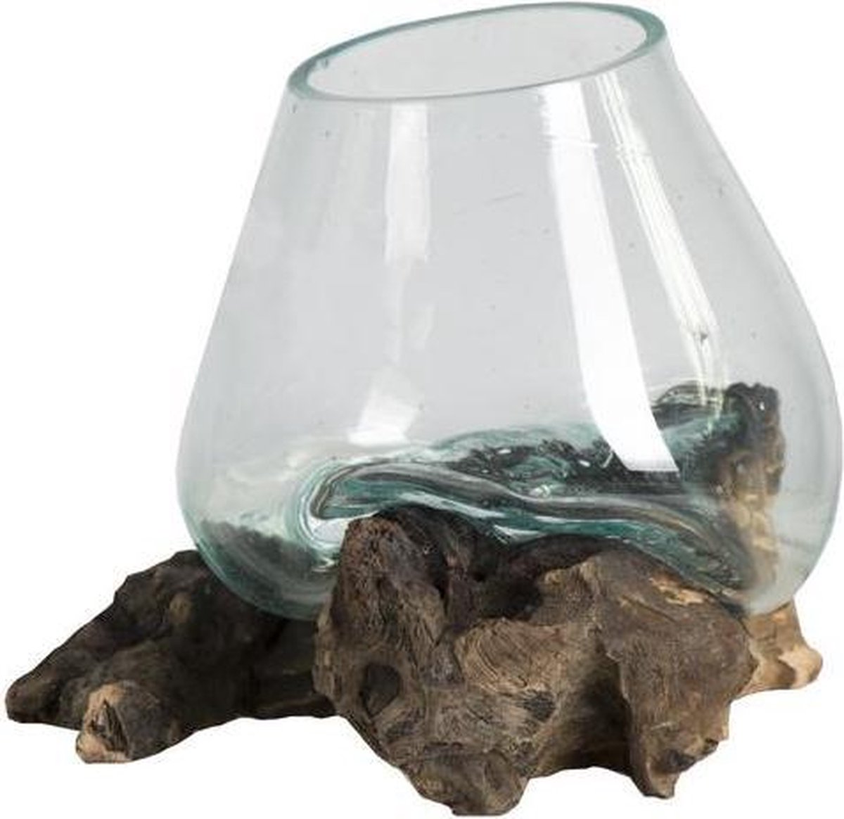 Vaas - Op houten voet - Glas - Decoratief - Rond model vaas - Geschikt voor theelichtjes - Hoogte 10 cm - Breedte 12 cm