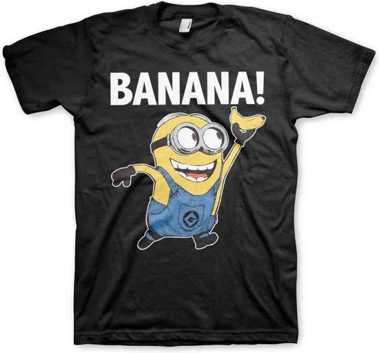Zwart Minions T-shirt met gele Minion die een banaan vasthoudt en "BANANA!" in witte letters.