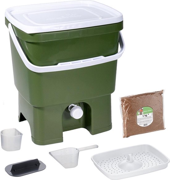 Skaza Bokashi Organko keukencompostbak van gerecycleerd plastic |16 L| Starter Setbvoor keukenafval en compostering | met EM zemelen 1 kg | Olijf groen