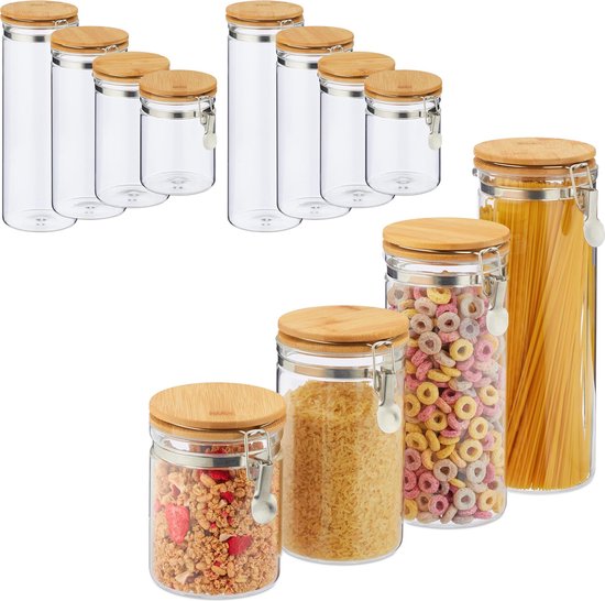 Relaxdays Lot De 4 Bocaux En Verre, 750 ML, Hermétique, Couvercle Acier Inoxydable, Bocal à épicerie, Transparent/Argent