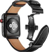 Apple Watch 45MM / 44MM / 42MM Bandje Echt Leer met RVS Vlindersluiting Zwart