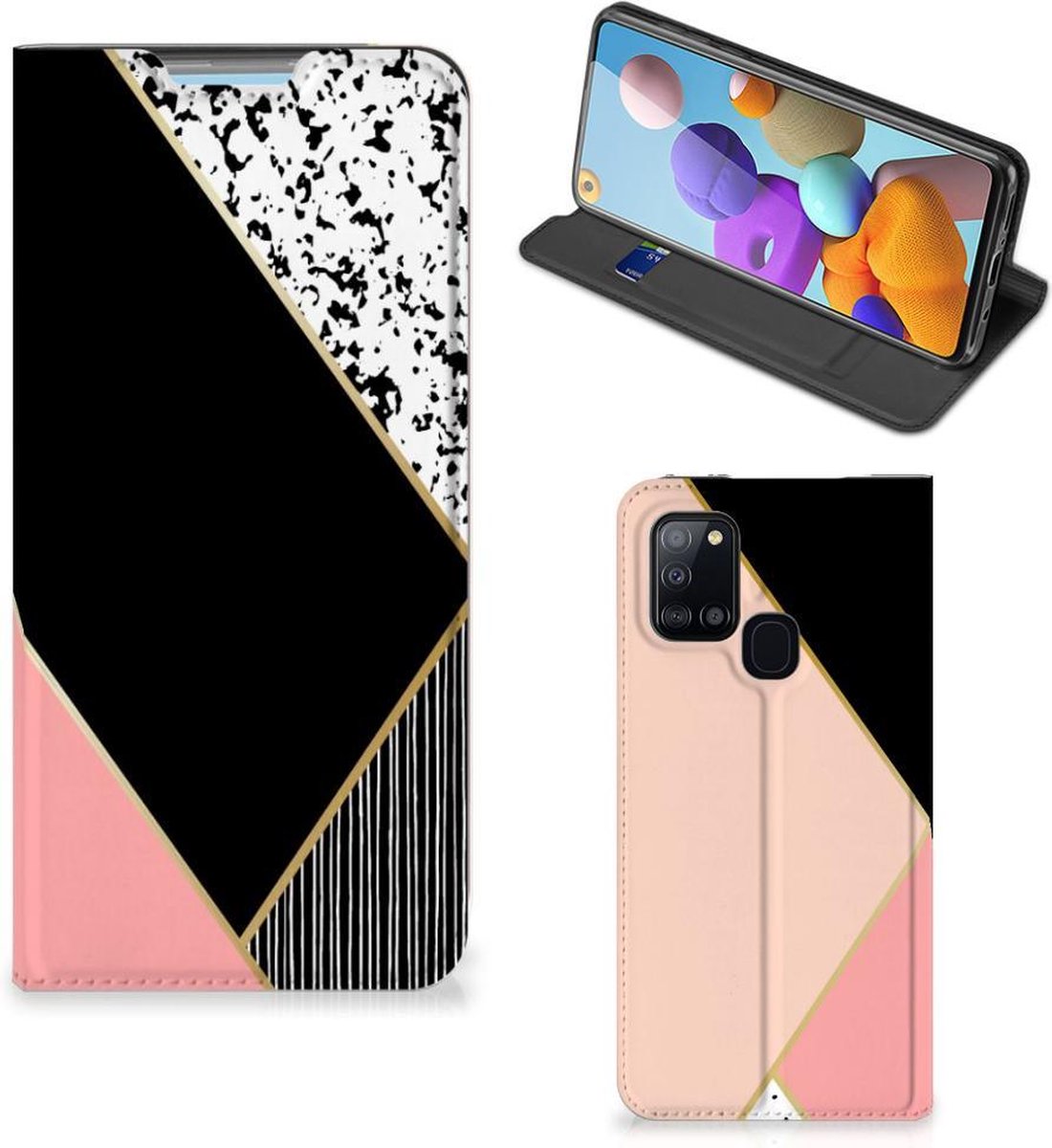 Standcase Hoesje voor Samsung Galaxy A21s Stand Case Zwart Roze Vormen