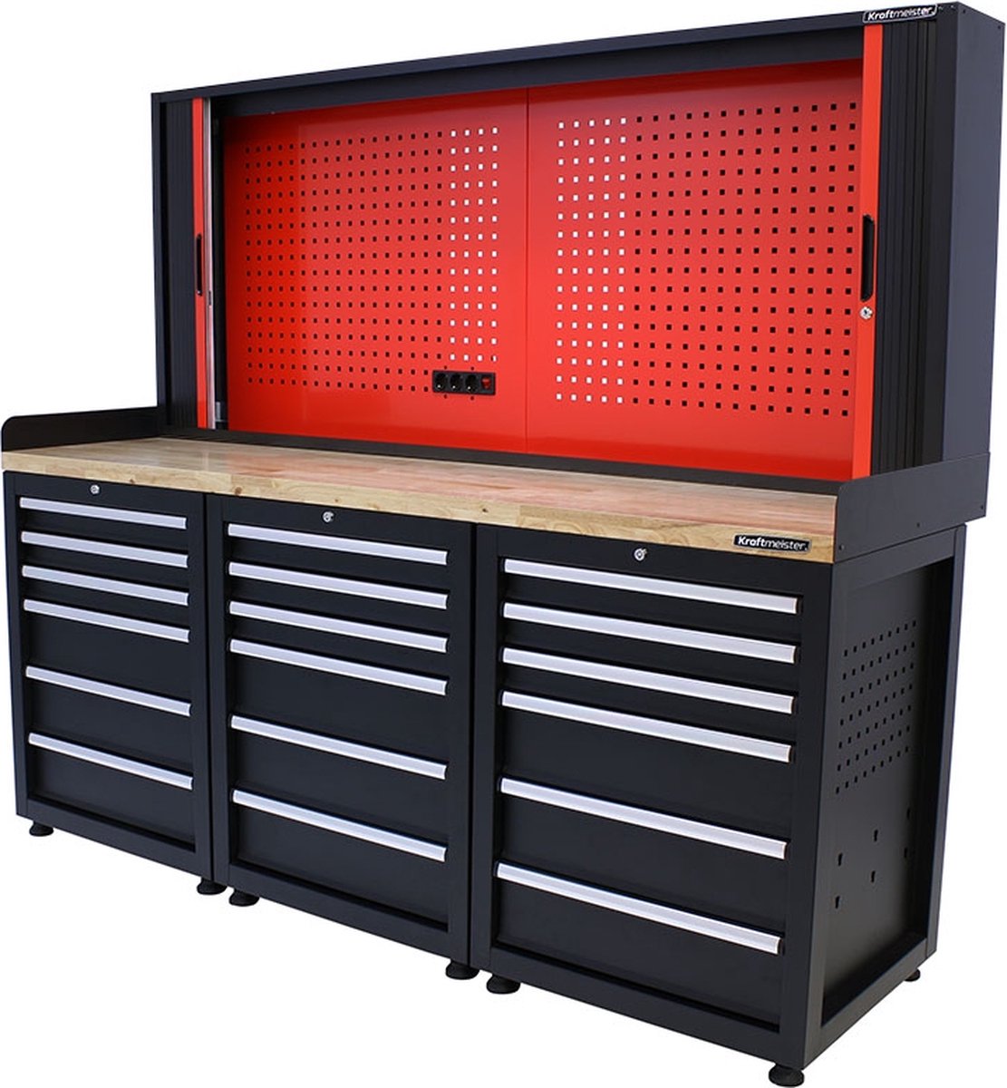 Kraftmeister werkbank 200 cm - Werktafel met gereedschapswand, 18 laden en eiken werkblad - Zwart