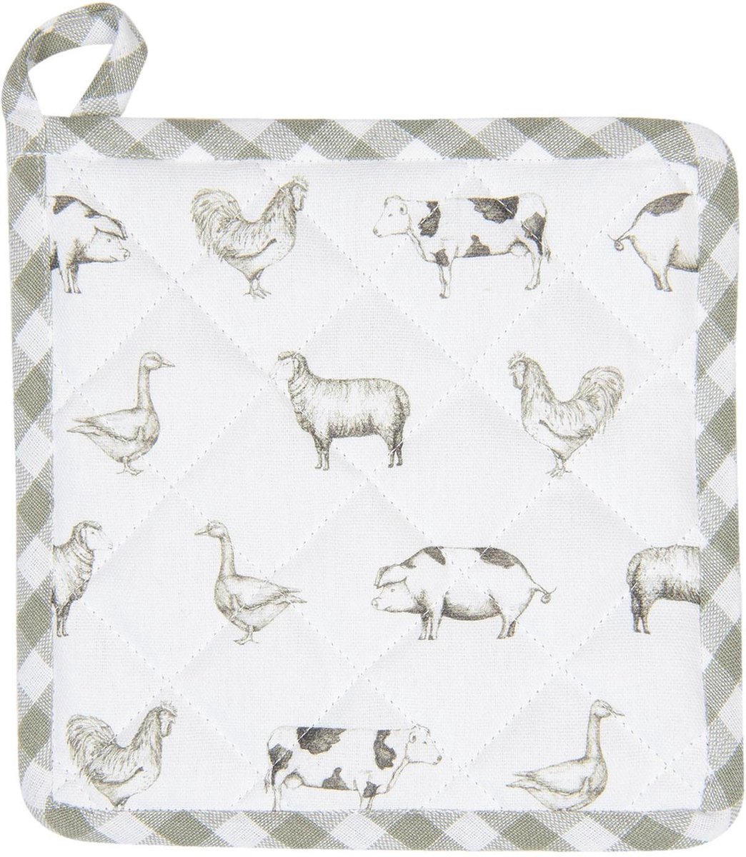 Clayre & Eef Pannenlap 20x20 cm Groen Katoen Vierkant Boerderij Dieren Afgiet Pannenlap Afgiethulp Pannenlap