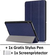 Smart Cover Book Case Hoes Geschikt Voor Huawei Mediapad T3 10 Inch - Tri-Fold Multi-Stand Flip Sleeve - Front & Back Beschermhoes Met Screen Protector & Stylus Pen - Donker Blauw