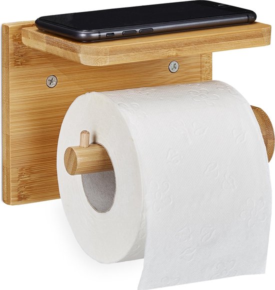 Relaxdays toiletrolhouder met plankje - wc-rolhouder bamboe - rolhouder toilet - hout