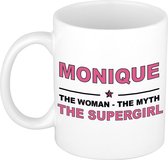 Naam cadeau Monique - The woman, The myth the supergirl koffie mok / beker 300 ml - naam/namen mokken - Cadeau voor o.a verjaardag/ moederdag/ pensioen/ geslaagd/ bedankt