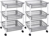 Set van 2x stuks zilveren opberg trolleys/roltafels met 3 manden 62 cm - Etagewagentje/karretje met opbergkratten