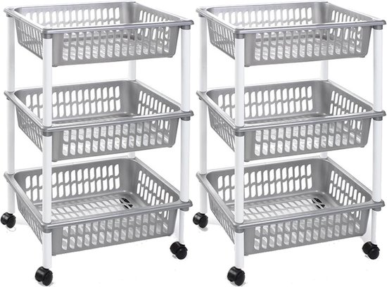 Set van 2x stuks zilveren opberg trolleys/roltafels met 3 manden 62 cm - Etagewagentje/karretje met opbergkratten