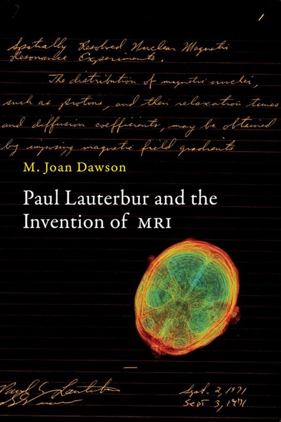 Boekomslag Paul Lauterbur and the Invention of MRI, met een gekleurde afbeelding van een hersenscan.