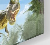 Dinosaurus T-Rex in zonnig woud - Foto op Plexiglas - 90 x 60 cm