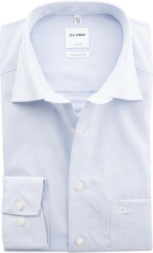 OLYMP Luxor comfort fit overhemd - lichtblauw met wit geruit - Strijkvrij - Boordmaat: 46
