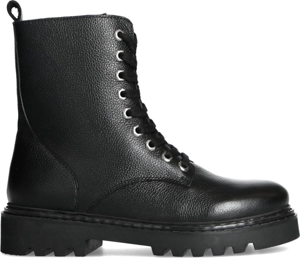 Manfield - Dames - Zwarte leren veterlaarzen - Maat 41 | bol.com