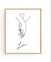 Postercity - Design Canvas Poster Lijnen Art Hand in Hand liefde - Hartje / Samenwoon Cadeau / Valentijns Cadeau / Liefde - Hartje Poster / Muurdecoratie / 50 x 40cm