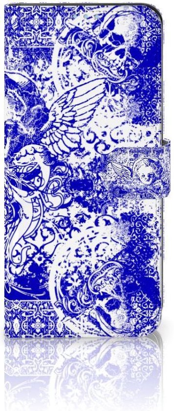 Housse en Cuir Premium Flip Case Portefeuille Etui pour Samsung Galaxy A21s Portefeuille Skull Blue Angel