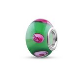 Quiges - Glazen - Kraal - Bedels - Beads Groen met Roze Rozen Past op alle bekende merken armband NG2021