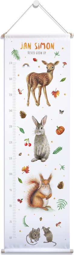 Groeimeter bosdieren met naam - Hert konijn eekhoorn muisjes - Gepersonaliseerde meetlat van stof - kraamcadeau - Dieren in aquarel geschilderd door Mies - 40 x 140 cm