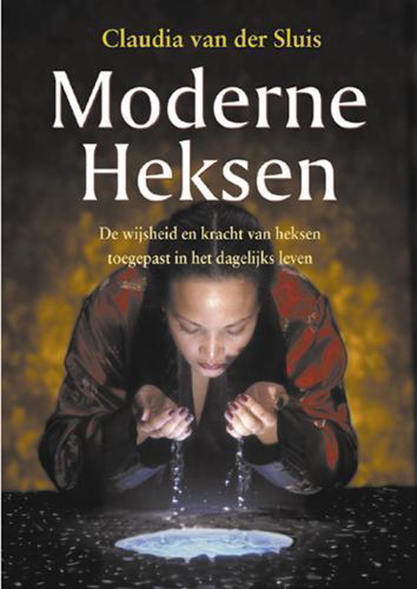 Boekomslag met 'Moderne Heksen' en een vrouw die water uit haar handen in een glinsterende poel laat lopen.