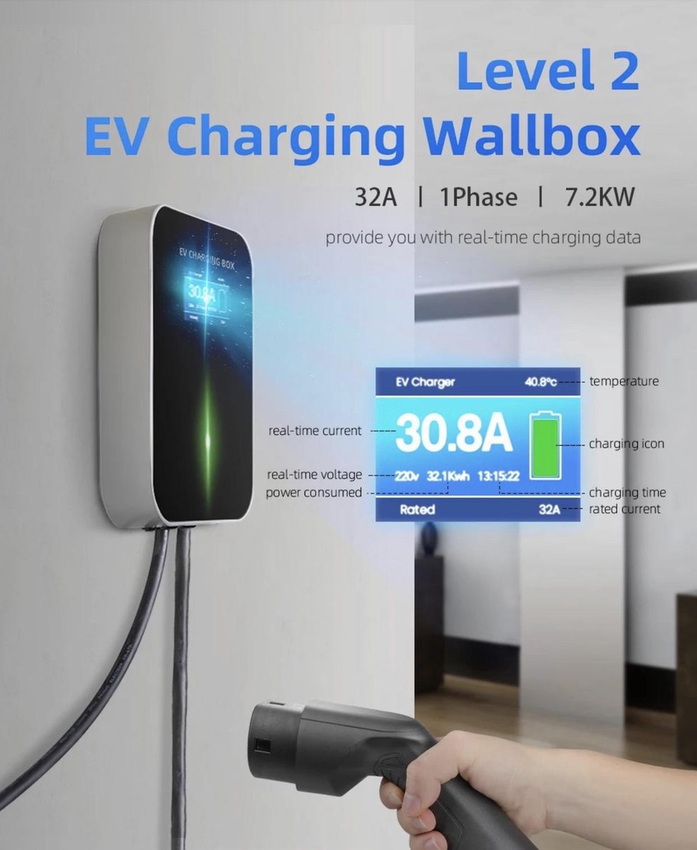 Laadpaal Wallbox Laadstation EV Charger 7.2kw 32A 1- Fase Type 2 Stekker