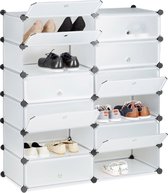 relaxdays schoenenrek 12 vakken - schoenenkast XXL - groot rek - kunststof - kliksysteem doorzichtig