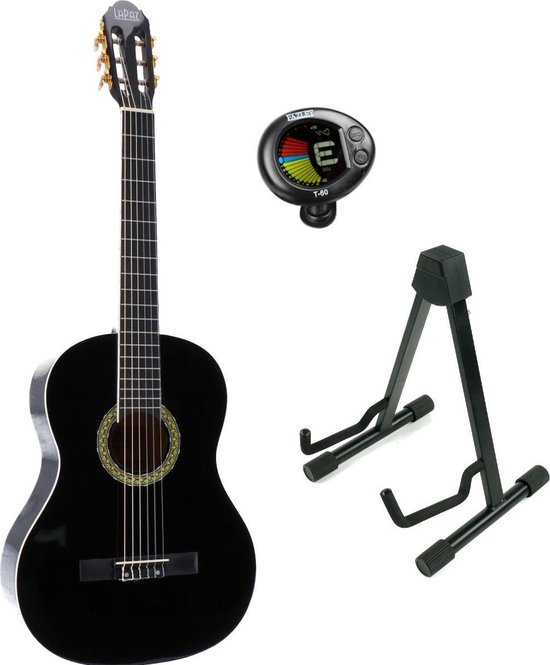 bol.com | LaPaz 002 BK klassieke gitaar 4/4-formaat zwart + statief +  stemapparaat