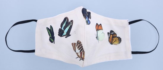 Masque buccal lavable en coton 2 couches avec élastique pour enfants de 7 à 15 ans Beige avec papillons
