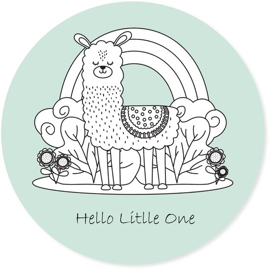 Grote ronde muursticker alpaca mintgroen | Hello Little One | Scandinavische stijl | voor babykamer, kinderkamer, meisjeskamer | wanddecoratie accessoires | cirkel afm. 80 x 80 cm